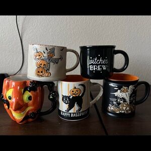 Halloween Ceramic Mug Set (5) - Assorted Orange & Black Holiday Designs